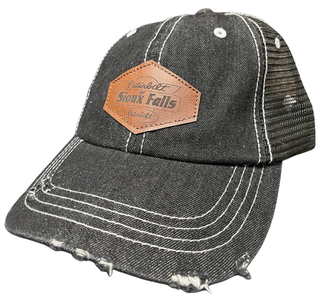 Black Netted Distressed Hat with Brown Patch