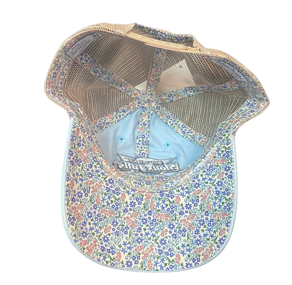 Light Blue and Tan Hat with Floral Design
