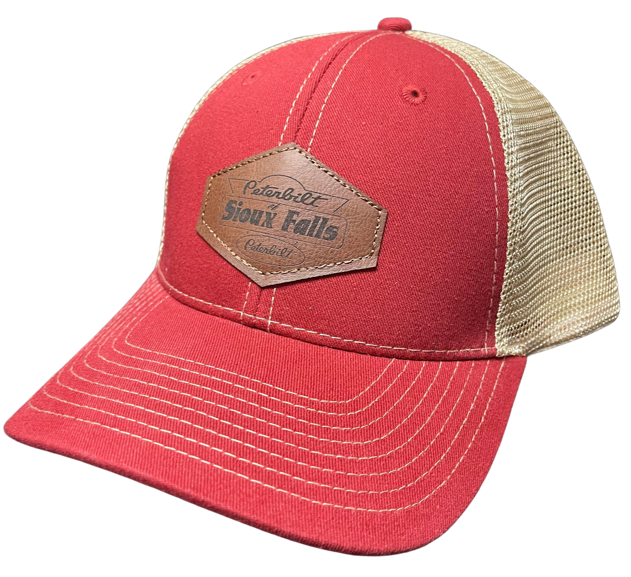 Red and Tan Netted Hat with Brown Patch